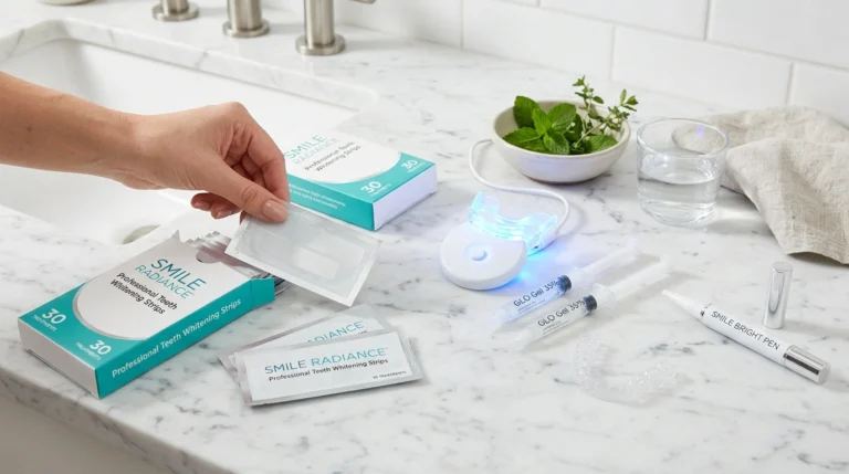 Best at home teeth whitening kits 2026 — whitening strips, LED kit, tray and pen on white marble bathroom counter