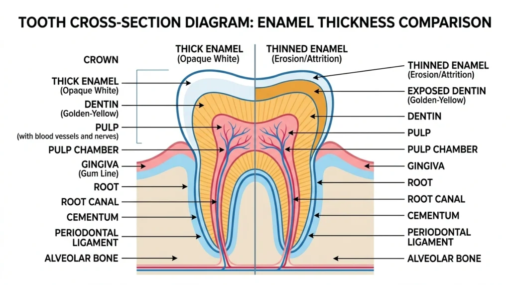 clinical cross-section diagram of tooth showing enamel and dentin layers and how brasssmile forms
