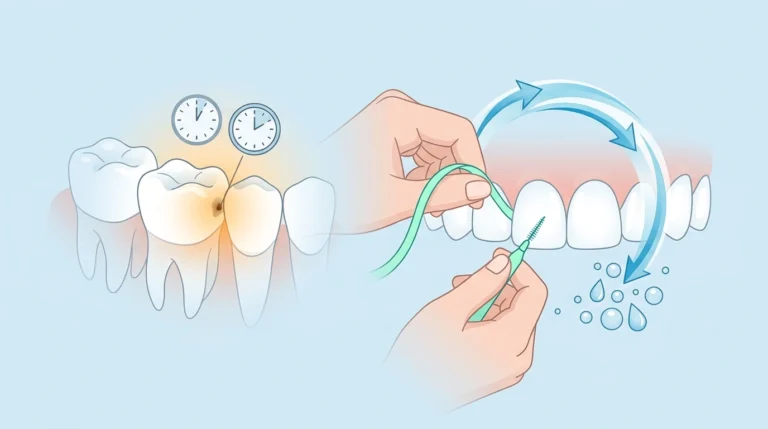 A hyper-realistic macro photograph showing the precise location of a hidden cavity (interproximal decay) forming between two touching molar teeth.