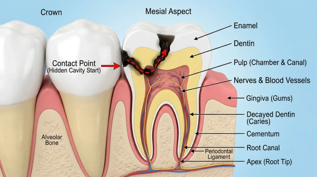 A clean medical 3D diagram showing the anatomy of a molar tooth (Enamel, Dentin, Pulp) and the progression path of a hidden cavity penetrating the dentin from the interproximal contact point.